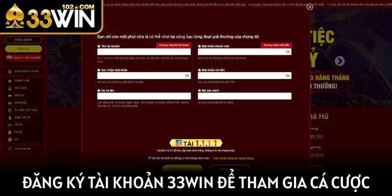 Đăng ký tài khoản 33Win để tham gia cá cược nhanh